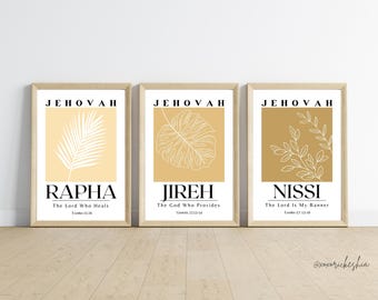 Set of 3 Neutral Minimalist Bible Wall Art, Jehovah Jireh Rapha Nissi Wall Art, Christian Wall Art, Hebrew Name of God, Printable Wall Decor