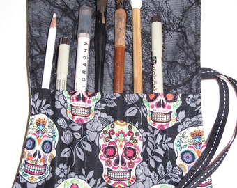 Day Of the Dead Tool Roll/Calligraphy Pen Holder, Pencil Organiser