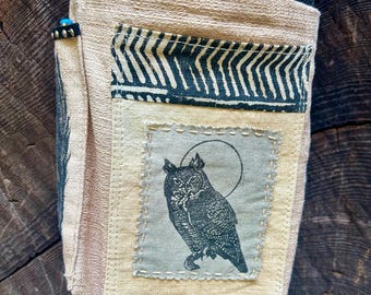 Hand Printed Owl Book Bag, Naturally Dyed Linen Hiking Bag