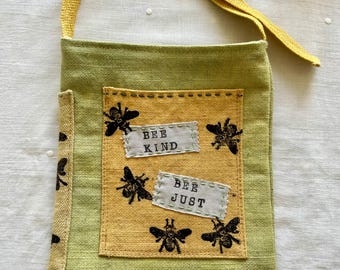 Naturally Dyed Linen Book Bag Journal Bag- Be Kind Bee Just