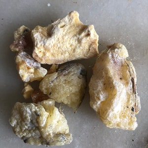 May include: Close-up of several pieces of pale yellow resin, some with a slightly darker hue. The resin has a rough, textured surface and appears to be natural.