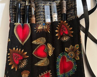 Flaming Hearts Motif 100% Cotton Tool Roll-Up Case, Handwriting, Calligraphy Pen Holder