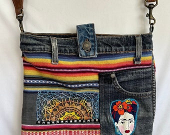 Frida Kahlo & Sugar Skulls Upcycled Denim Handbag