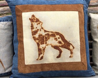 Rust Printed Howling Wolf Denim 16 x 16 pillow