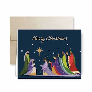Religious Three Wisemen Bringing Gifts Religious Christmas Holiday Cards with Cocoa Shimmer Envelopes - 25 pack