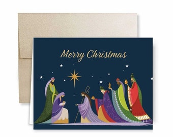 Religious Three Wisemen Bringing Gifts Religious Christmas Holiday Cards with Cocoa Shimmer Envelopes - 25 pack