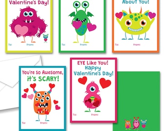May include: Set of six printable Valentine's Day cards featuring cute monster illustrations with different messages. The cards have a white background with colorful borders and hearts. The messages include "Have a MONSTER Sized Valentine's Day!" "Valentine, I CHEWS You!" "I'm Wild About You!" "You're so Awesome, it's SCARY!" "EYE Like You! Happy Valentine's Day!"