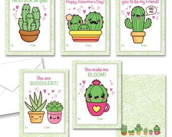 Succulent Cactus Themed Classroom Valentine Cards Valentines - 25 pack