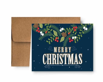 Merry Christmas Blue Garland Holiday Cards with Kraft Envelopes - 25 pack