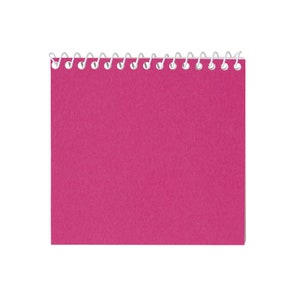 May include: A square, hot pink spiral notebook with a white metal binding. The notebook is blank, with a textured paper surface, and is set against a white background.