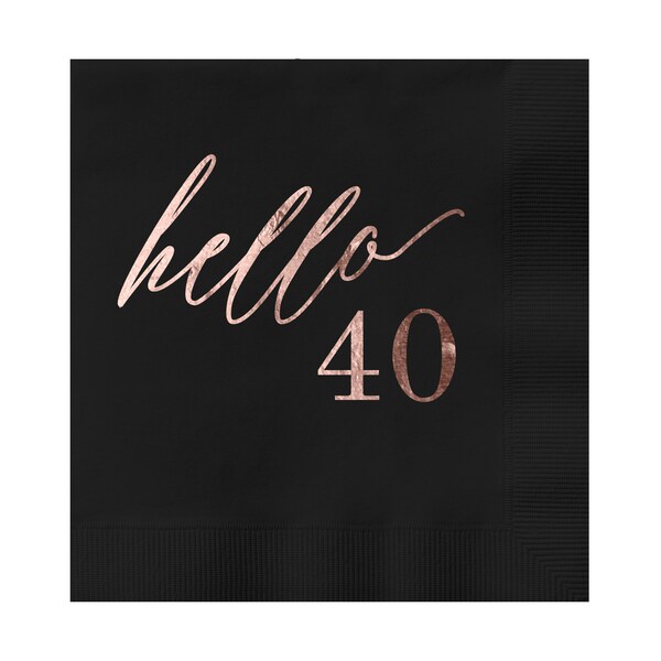 Hello 40 Black Beverage Cocktail Party Napkins 25 Pack with Rose Gold Foil Printing 4.75" x 4.75" Paper Frenzy