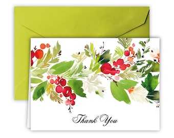 Artistic Watercolor Garland Thank You Note Cards and Lime Green Envelopes 25 pack