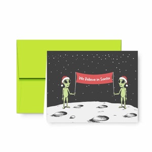 Alien Christmas Holiday Cards with Lime Green Envelopes - 25 pack