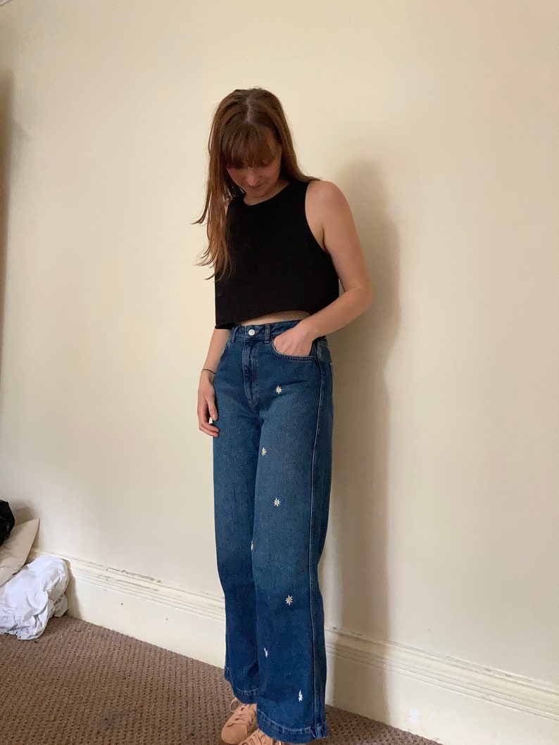 Embroidered daisy jeans Etsy