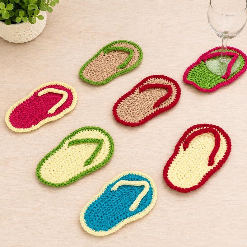 May include: A set of seven crochet coasters shaped like flip-flops in various colors including pink, beige, green, yellow, and blue. Each coaster features a textured sole and a contrasting strap, designed to protect surfaces from drinkware.