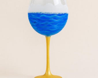 Ocean Wine Glass - Beach Wine Glass - Hand Painted Beach Stemware - Nautical Coastal Gift - Gift for Beach Lovers - Blue Wave Wine Glass