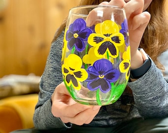 Pansy Wine Glass - Stemless Yellow Pansy Wine Glass - Purple Pansy Wine Tumbler - Pansy Lovers - Viola Wine Glass - Gifts for Her