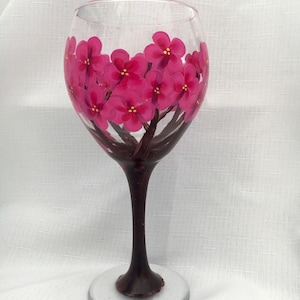 Pink Flower Wine Glass - Hand Painted - Magenta Flowers - Apple Blossom - Personalized - Large Wine Glasses - Decorative