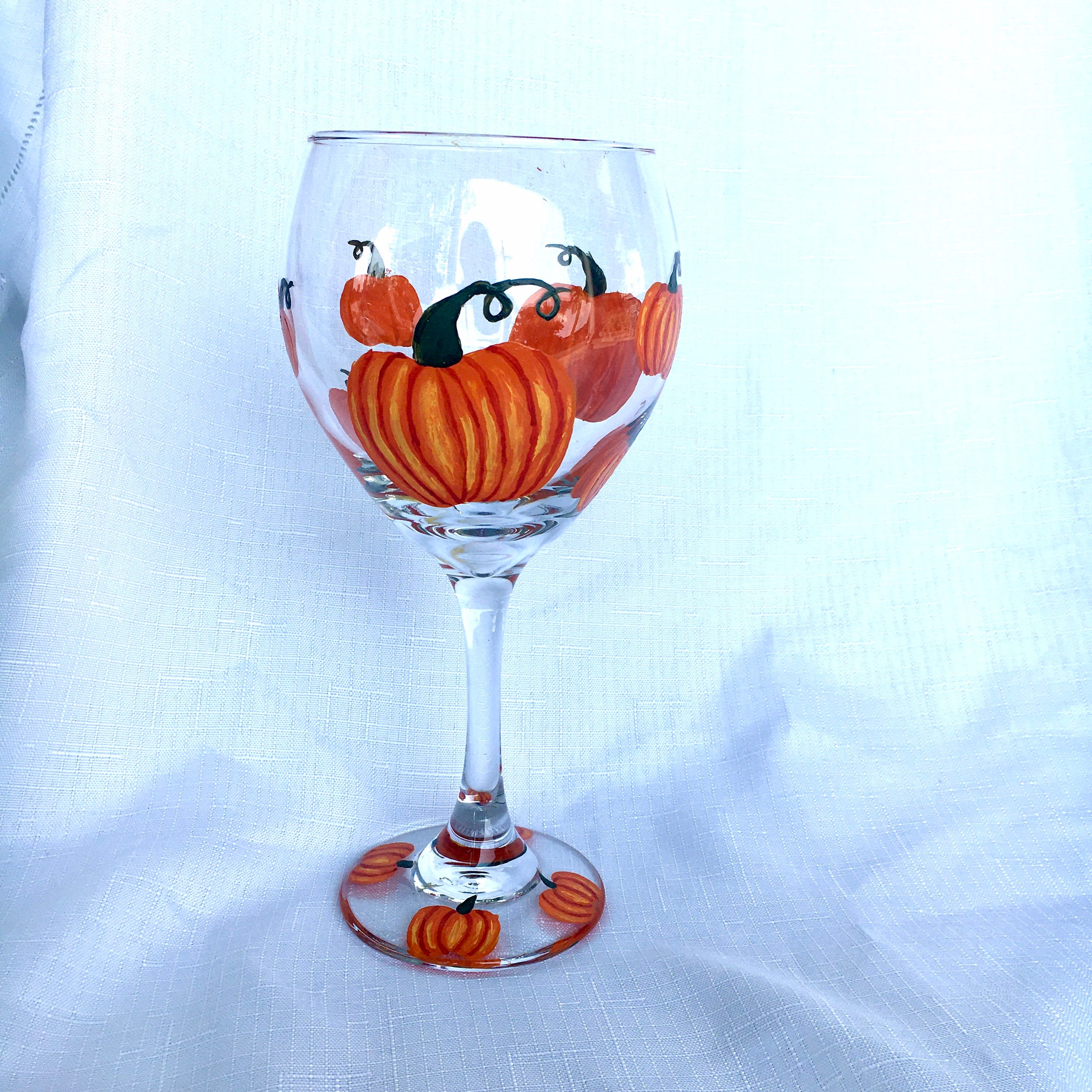 Hand Painted Wine Glass Halloween Pumpkin on Vine 