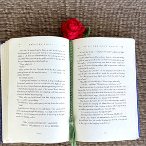 以下が含まれることがあります： 赤い編み物の花のしおりが付いた開いた本。本は158ページと159ページを開いています。ページのテキストは「秘密の部屋が開かれました。後継者の敵よ、気をつけろ！」と「死者の日のパーティー」です。