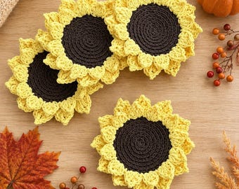 Crochet Sunflower Coasters Set of 4, Fall Kitchen Decor, Sunflower Mug Rug, Farmhouse Coasters, Autumn Table Decor, Sunflower Lover Gift