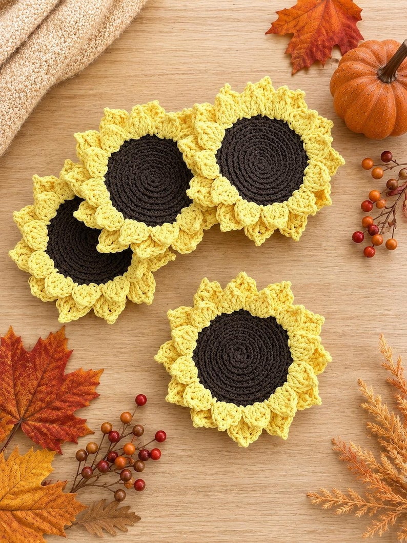 May include: Three round crochet coasters designed to resemble sunflowers, each featuring a dark brown circular center surrounded by bright yellow petals. The coasters are crafted with a textured yarn finish, showcasing a detailed stitch pattern.