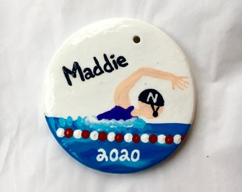 Personalized Swimmer Ornament -Swimmer Christmas Ornament - Hand Painted Round Ceramic Ornament - Gifts for Swimmers - Custom Swim Ornament