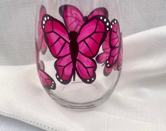 Pink Butterfly Stemless Wine Glass - Large Wine Glass