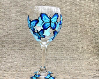 Blue Butterfly Wine Glass - Tropical Butterfly Wine Glass - Blue Morpho Butterfy- Gifts for Butterfly Lovers, Gifts for Her, Butterfly Gifts