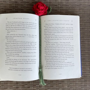 以下が含まれることがあります： 緑色の編み込みブックマークが付いた開いた本のクローズアップ。本は「The Deathday Party」という章に開かれており、テキストには「The Chamber of Secrets has been opened. Enemies of the Heir, beware.」と書かれています。