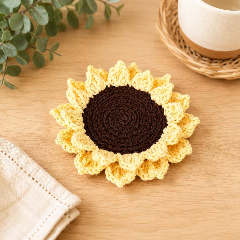 May include: A round crochet coaster shaped like a sunflower with a dark brown center and two layers of light yellow petals. The textured yarn construction creates a floral design that mimics the appearance of a blooming sunflower head.