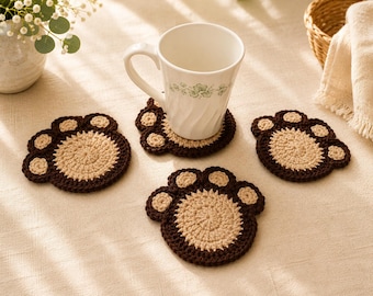 Custom Paw Print Coasters Set of 4, Crochet Dog Coasters, Cat Lover Gift, Dog Lover Gift, Pet Coaster Set, Paw Print Mug Rug, Pet Gift