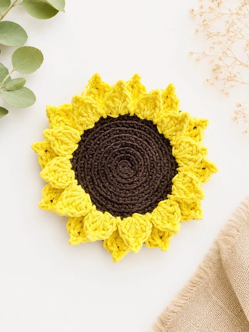 May include: A round, crocheted sunflower coaster featuring a dark brown circular center with a textured, concentric stitch pattern, surrounded by two layers of bright yellow, pointed petals that create a full, dimensional floral appearance.