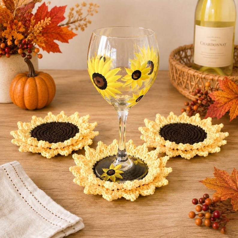 May include: A clear glass wine glass painted with yellow and brown sunflower motifs, accompanied by three round, crocheted sunflower coasters featuring dark brown centers and yellow petals, arranged on a wooden surface.