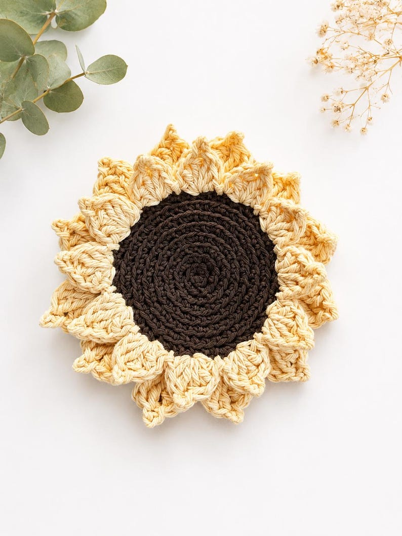 May include: A round, crocheted sunflower coaster featuring a dark brown circular center surrounded by layered, pale yellow petals. The textured yarn construction creates a detailed floral design with a distinct contrast between the dark core and the light outer edge, forming a flat, circular shape.