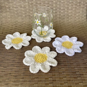 Hand Crocheted Daisy Coasters - Set of Four - Cotton Floral Mug Rug