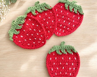 Crochet Strawberry Coasters Set of 4, Handmade Cotton Strawberry Mug Rug, Cottagecore Kitchen Decor, Strawberry Lover, Housewarming Gift