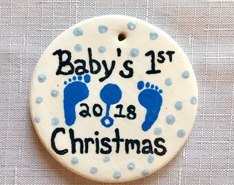Baby's First Christmas Ornament - Baby Boy's First Christmas - Hand Painted Ceramic Ornament - Newborn Christmas Gift