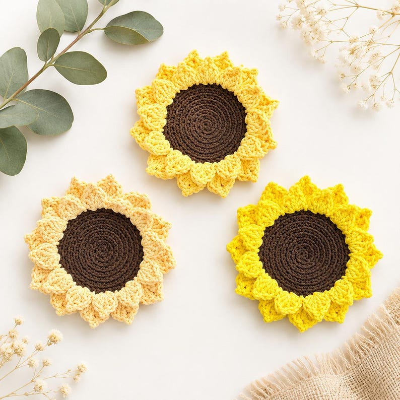 May include: Three round crochet coasters shaped like sunflowers, each featuring a dark brown circular center surrounded by textured yellow petals. The coasters are arranged in a cluster, showcasing variations in the shade of yellow yarn used.