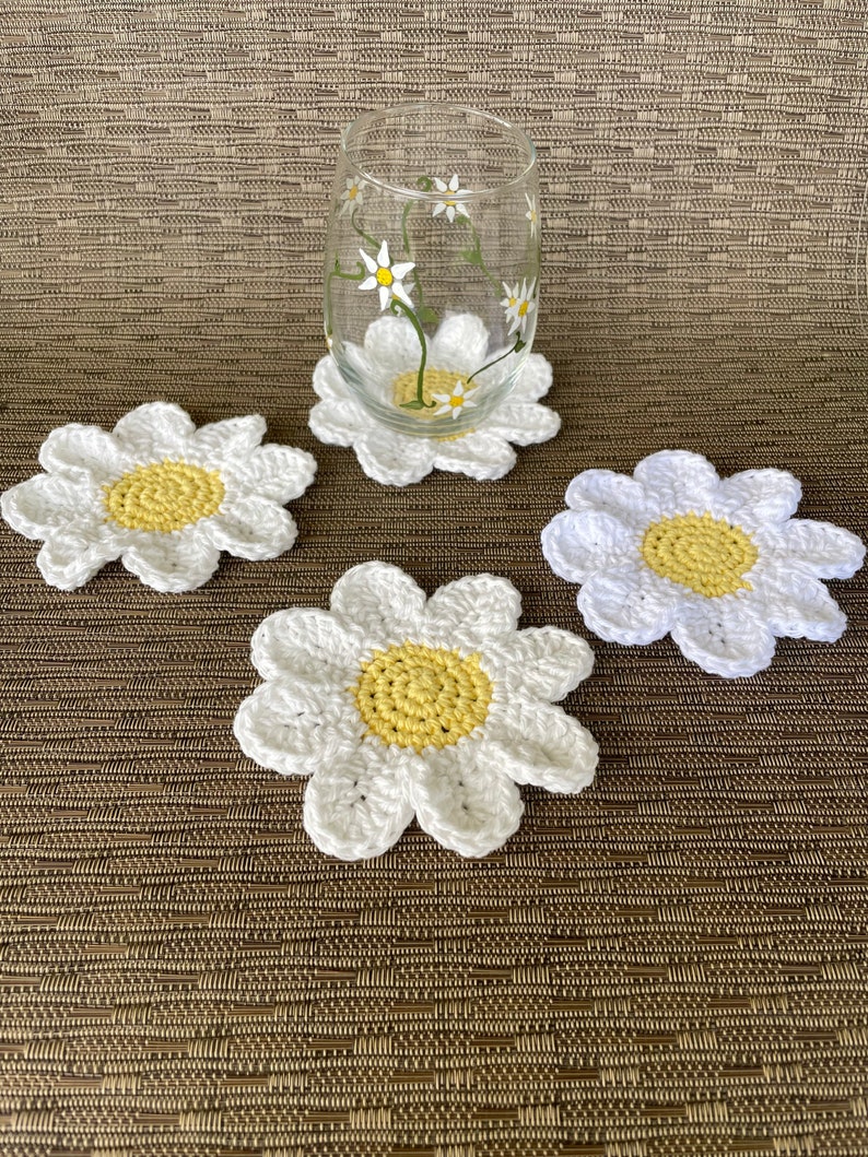 Daisy Coasters Set of Four Flower Coasters Floral Decor Daisy Mug Rug Floral Coasters Flower Coasters Flower Mug Rug image 6