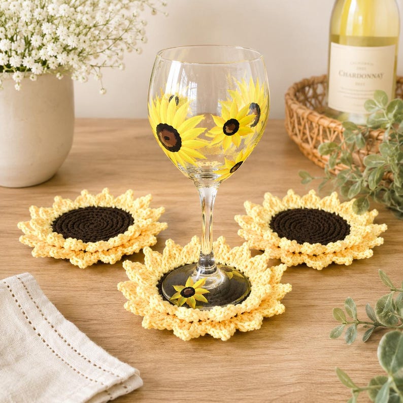 May include: A clear glass wine glass featuring hand-painted yellow sunflower designs with dark brown centers. The glass is surrounded by three round, crocheted sunflower coasters with dark brown centers and yellow petal-like edges.