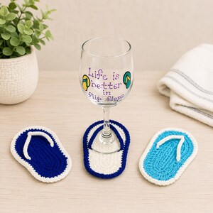 Flip Flop Wine Glass Coasters Set of 4, Crochet Wine Glass Markers, Beach Decor, Summer Party Coasters, Beach Lover Gift, Custom Colors image 3