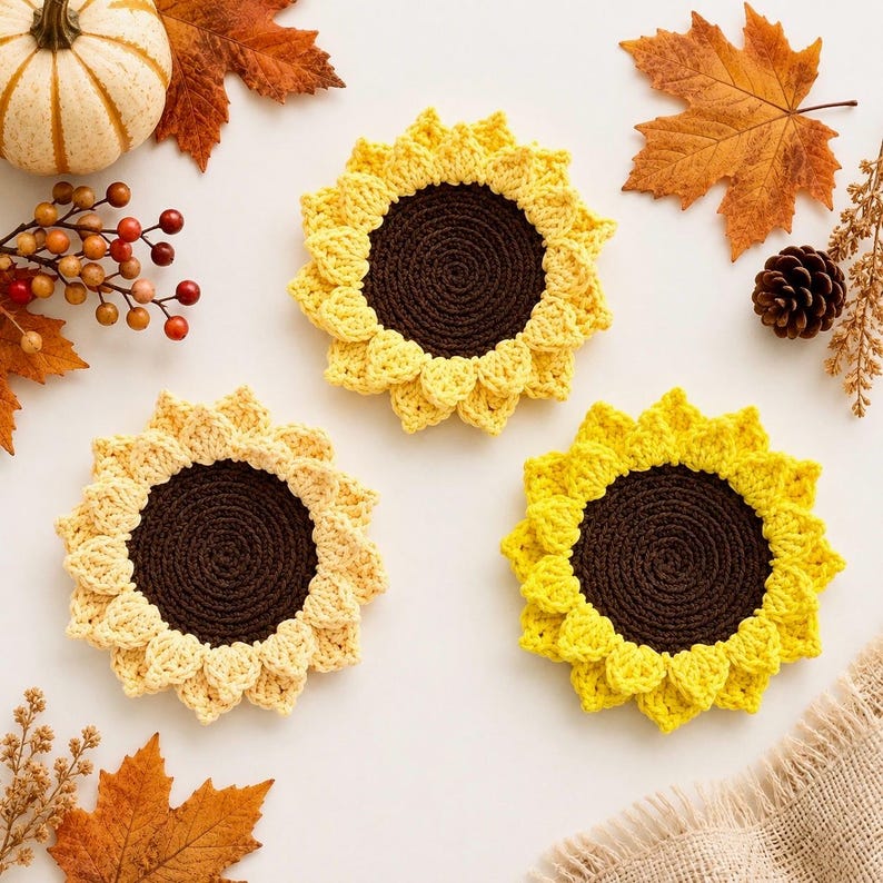 May include: Three round crochet coasters shaped like sunflowers, each featuring a dark brown center and yellow or light yellow petals. The coasters are arranged on a surface surrounded by autumn leaves, a small pumpkin, and a pinecone.