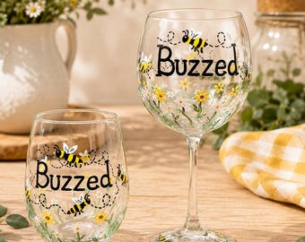 Buzzed Bee Wine Glass, Hand Painted Bumblebee Wine Glass, Funny Wine Glass, Bee Lover Gift, Stemmed or Stemless, Personalized Wine Glass