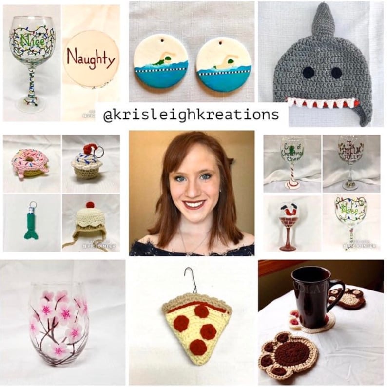 May include: A collage of handmade crafts including crocheted hats, ornaments, wine glasses, and mugs. The crafts are decorated with various themes, including Christmas, swimming, and pizza. The image also includes a photo of the artist, Krisleigh Kreations.