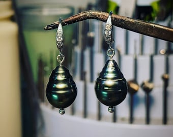 Tahitian Baroque pearl earrings on milgrained sterling silver French wires with accent sparkle