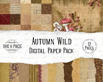 Autumn Wild Printable Paper Pack, Junk Journal, Botanical Mushroom, Fall Digital Download, Vintage Forest, Nature Collage, Scrapbook Paper
