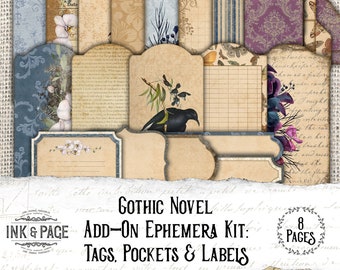 Może przedstawiać: Zestaw cyfrowych kolaży z 8 stronami drukowanych elementów do scrapbookingu i rękodzieła. Zestaw zawiera motyw gotyckiej powieści z obrazami ptaków, kwiatów i tekstu. Zestaw zawiera etykiety, kieszenie i etykiety.