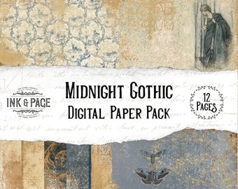 Midnight Gothic Distressed Digital Paper Pack for Junk Journaling, Bullet Journals, Scrapbooking, Printable, Navy Blue, Dark Academia