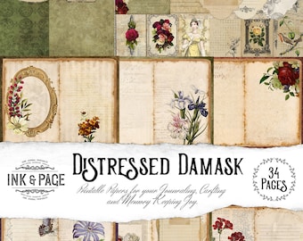 May include: A set of 34 printable digital papers featuring distressed damask patterns with floral designs, including roses, irises, butterflies, and other botanical elements. The papers are ideal for journaling, crafting, and memory keeping.
